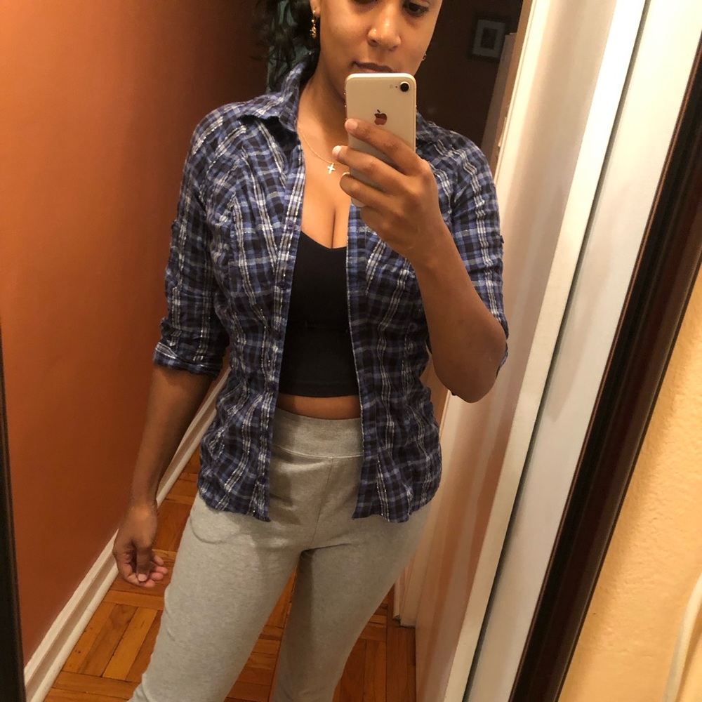 Blue flannel plaid button down top